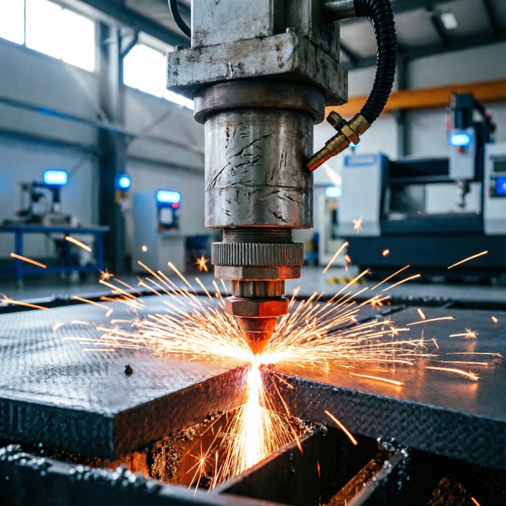 Fiber laser head performing intelligent piercing on 25mm carbon steel plate with visible spark ejection