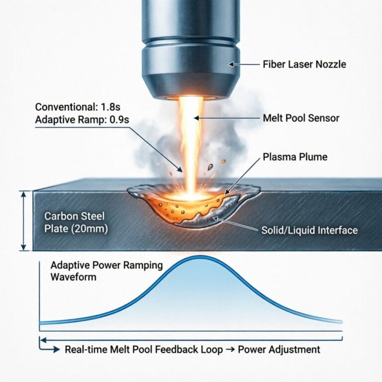 Fiber laser head performing intelligent piercing on 25mm carbon steel plate with visible spark ejection and assist gas nozzl