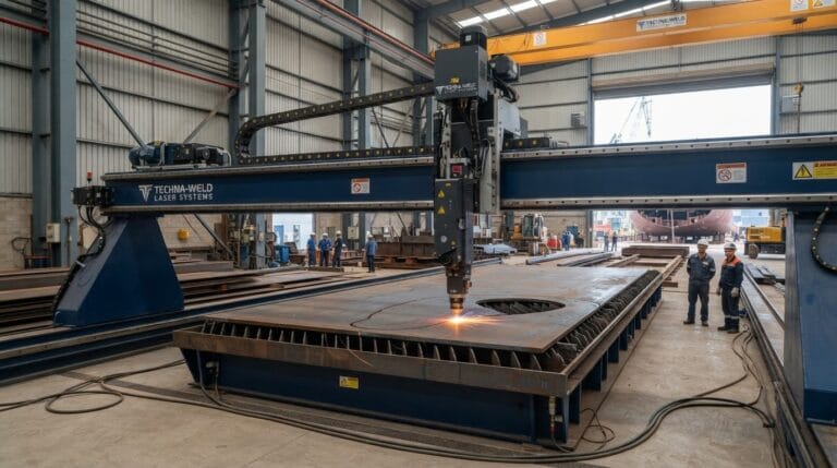 Large-span fiber laser cutting gantry system operating in a shipyard for heavy steel plate precision cutting