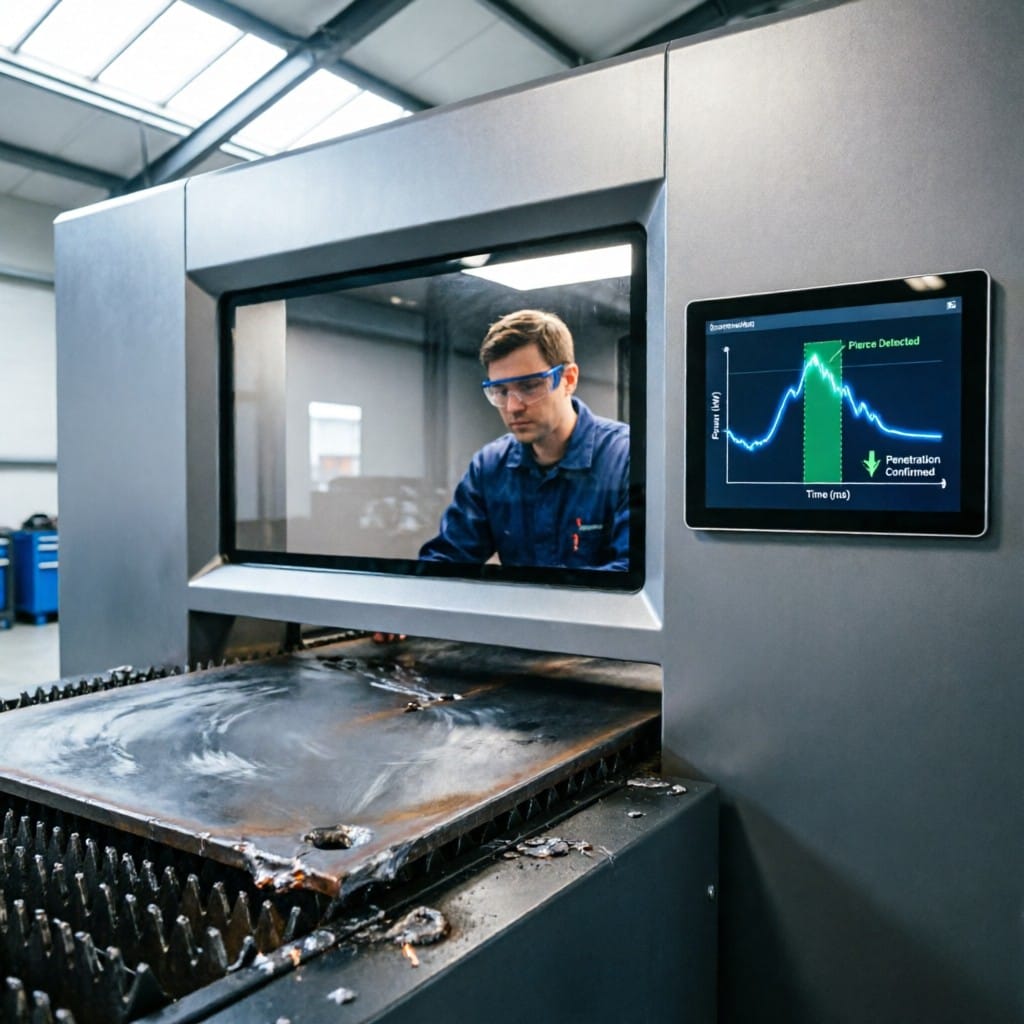 Operator monitoring intelligent piercing parameters on fiber laser cutting system display during thick plate processing