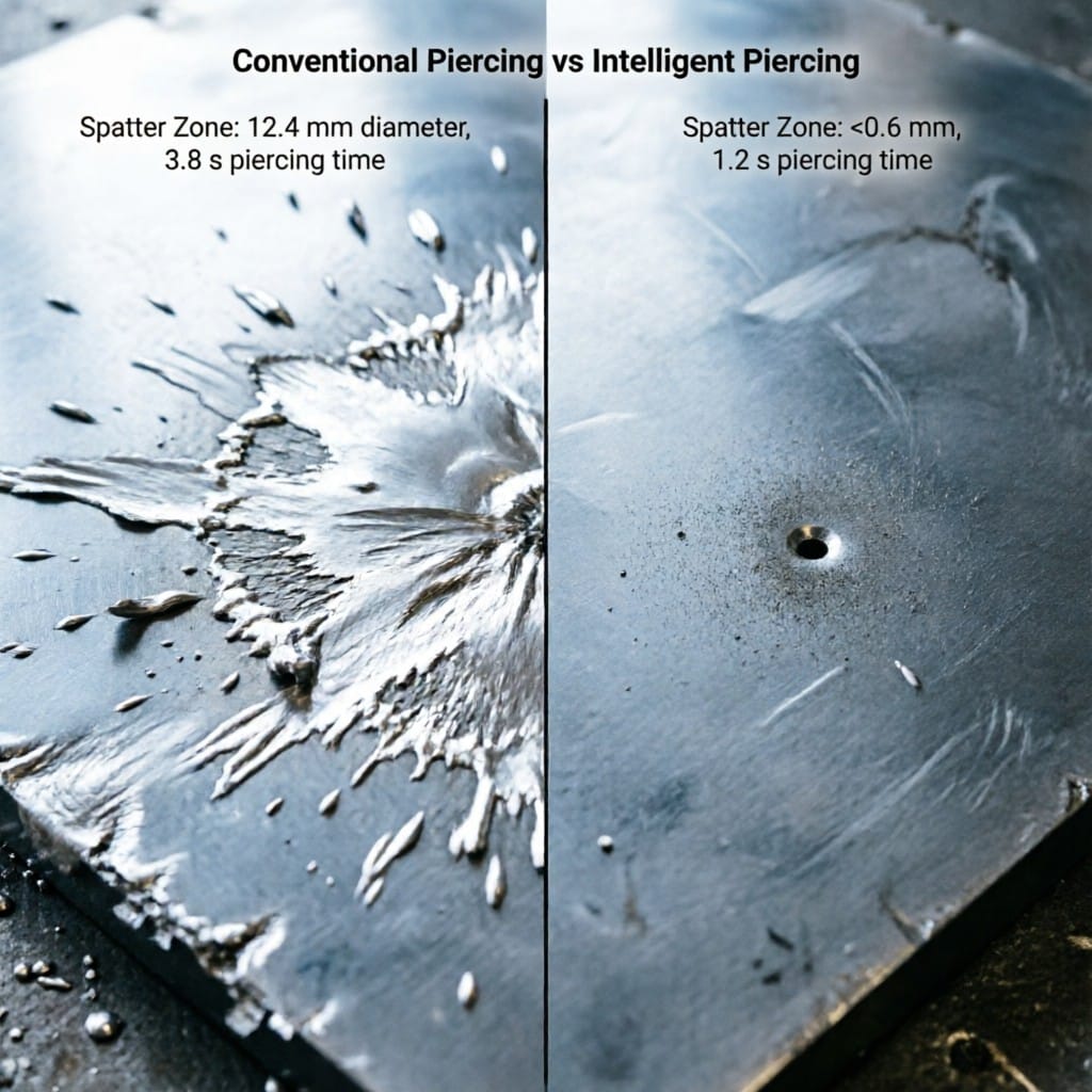 Side-by-side comparison of conventional versus intelligent piercing spatter patterns on 20mm steel plate