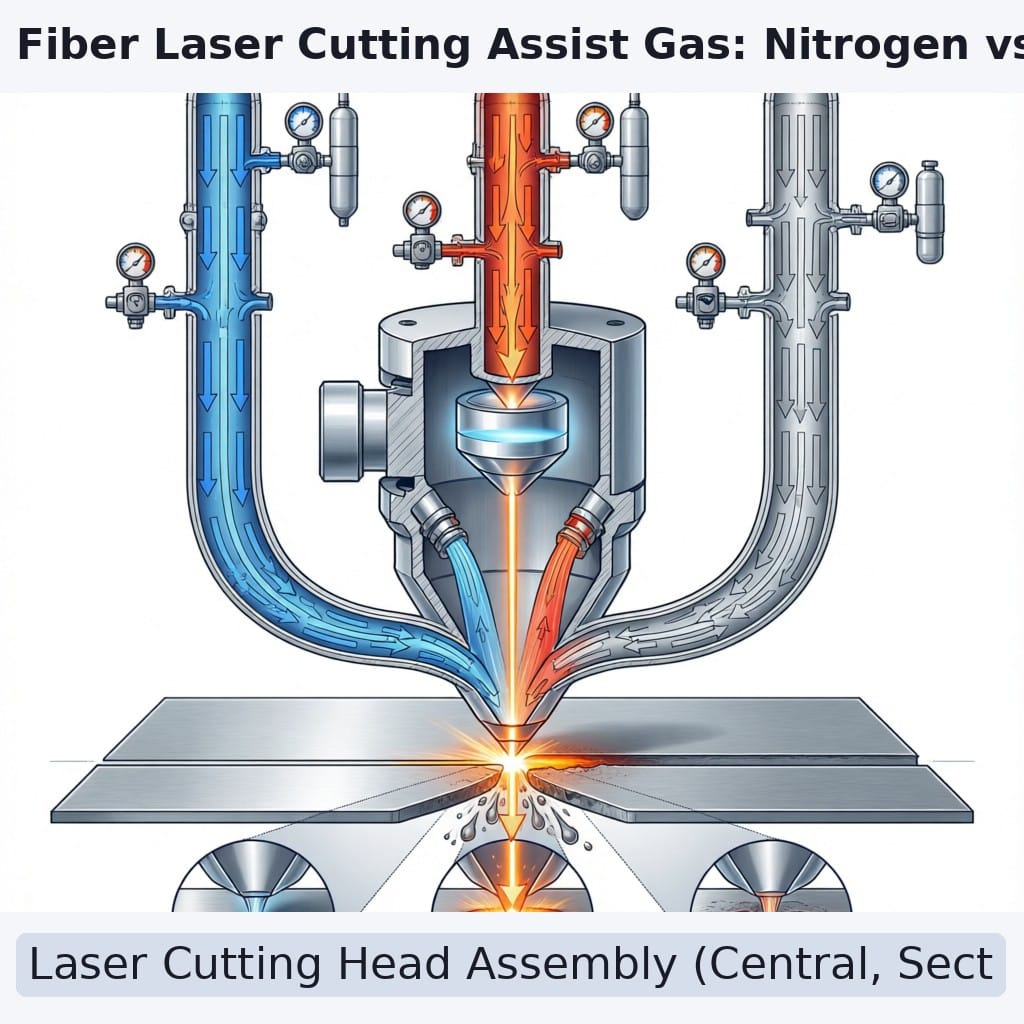 Industrial fiber laser cutting head processing stainless steel with nitrogen assist gas showing bright clean edge