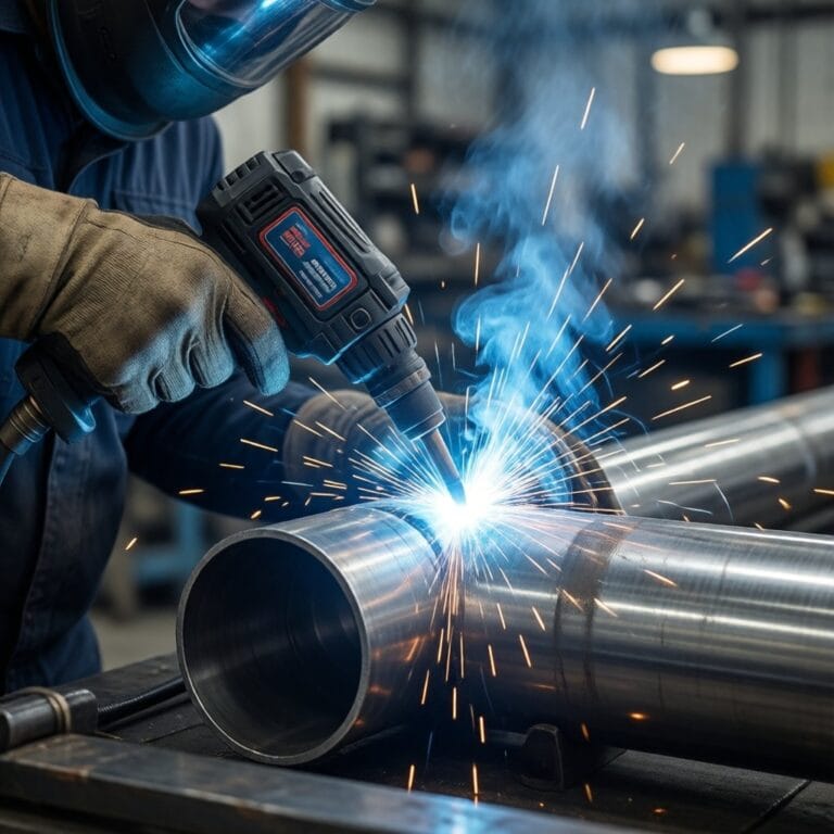 Photorealistic industrial handheld laser welding gun being used on stainless steel pipe in a workshop