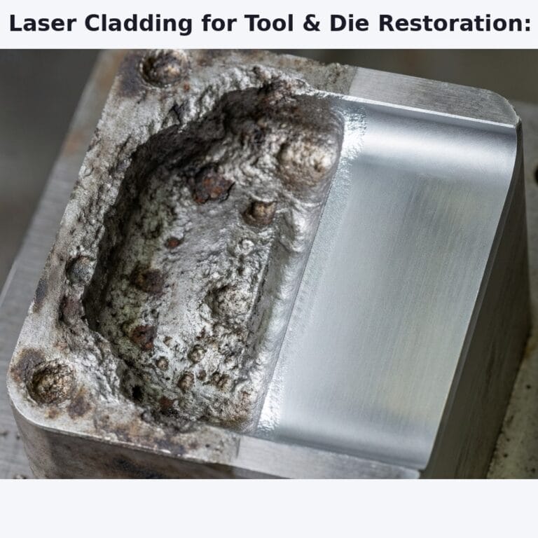 Precision Restoration: How Laser Cladding Transforms High-Value Mold Repair 5 Photorealistic industrial scene showing a side-by-side comparison