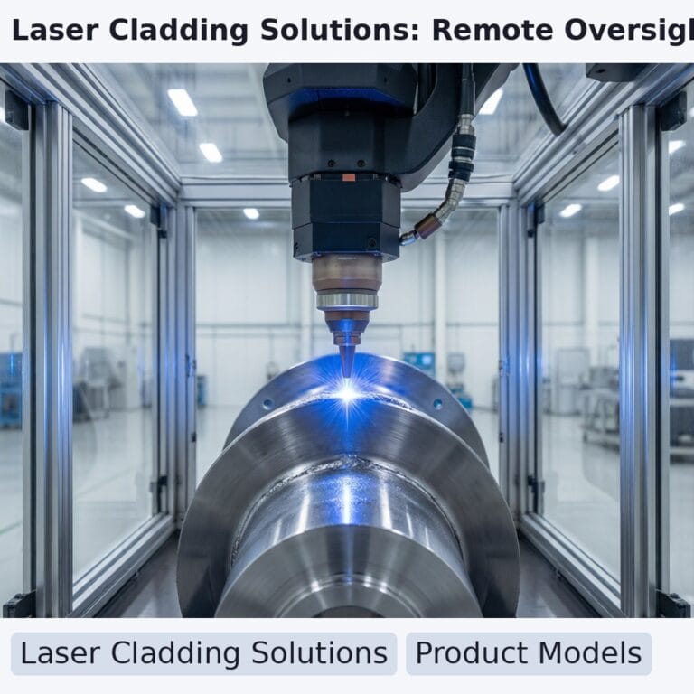 Untitled 7 Photorealistic industrial scene showing a modern fiber laser cladding machine in operation.