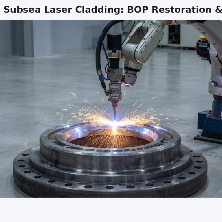 Subsea & Extreme Pressure Cladding: Protecting the Deep-Sea 4 Photorealistic industrial scene showing a robotic arm performing laser cladding on a large