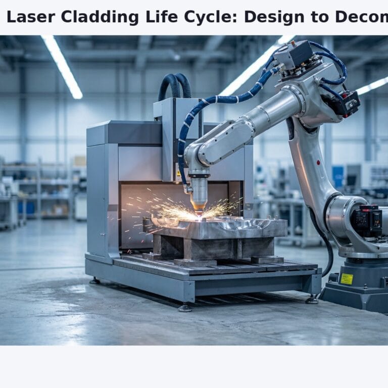 Total Life-Cycle Sovereignty in Laser Manufacturing Systems 10 A photorealistic wide shot of an industrial factory floor featuring a modern fiber laser cladding machine