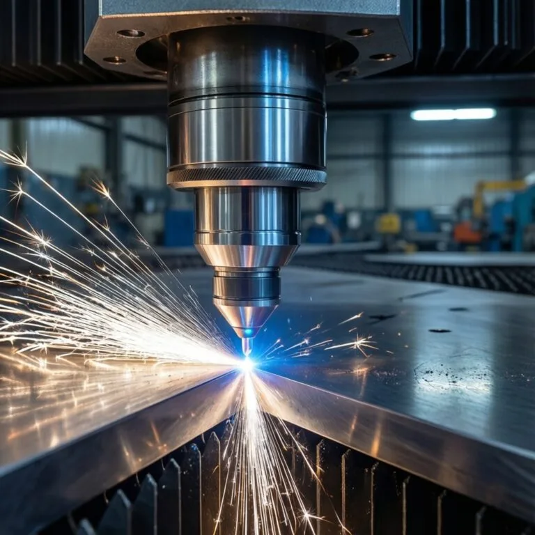 Correct Deformation Sheet Metal Processing | Intouch Laser 3 Close-up technical shot of a fiber laser cutting head processing stainless steel sheet with bright spark
