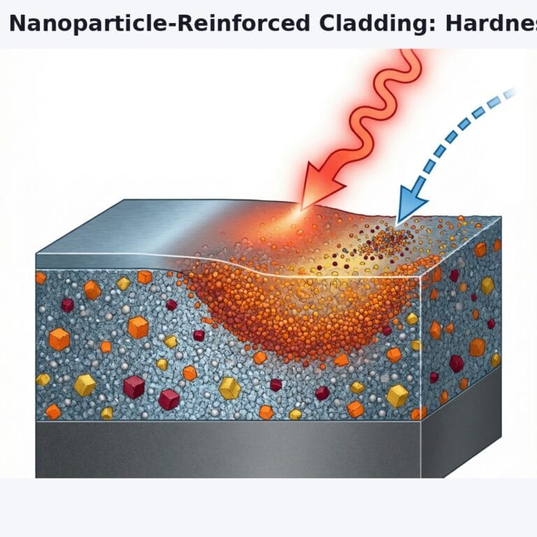 Nanoparticle-Reinforced Laser Cladding for Hardfacing & Metallurgy 10 Technical illustration showing a metal matrix composite cladding cross-section: base steel