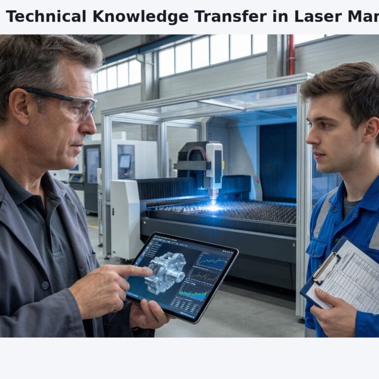 Technical: Preserving Laser Expertise Through Structured Kno 6 Photorealistic industrial scene inside a modern laser manufacturing facility. In the foreground