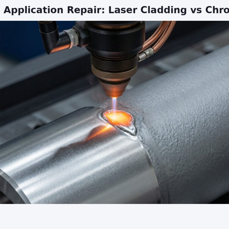 The Paradigm Shift in Aerospace Repair: Why Laser Cladding Is Replacing Hard Chrome Plating 4 Photorealistic industrial laser cladding machine working on a metallic cylindrical component