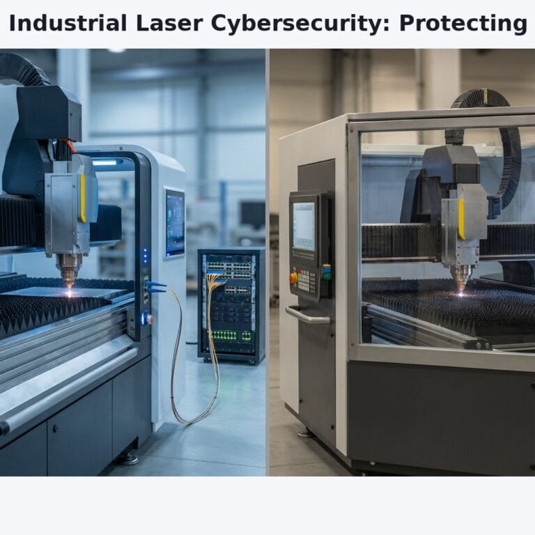Cybersecurity for Industrial Laser Systems: What’s Actually 8 A photorealistic split-screen comparison showing a modern industrial laser cladding machine connected